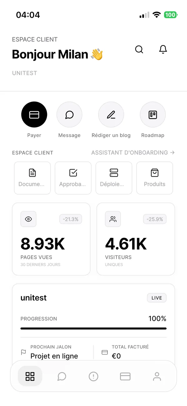 Client dashboard home: stats and project progress